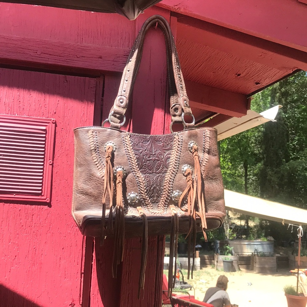 Glossy Brown Shoulder Bag with Stylish Tassels